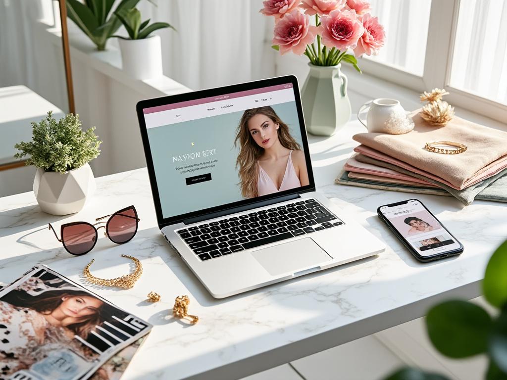 Bureau lumineux avec ordinateur portable et smartphone affichant un site.