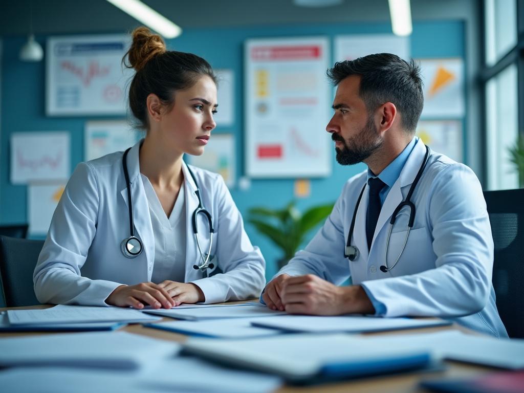 Deux médecins discutant dans un bureau.